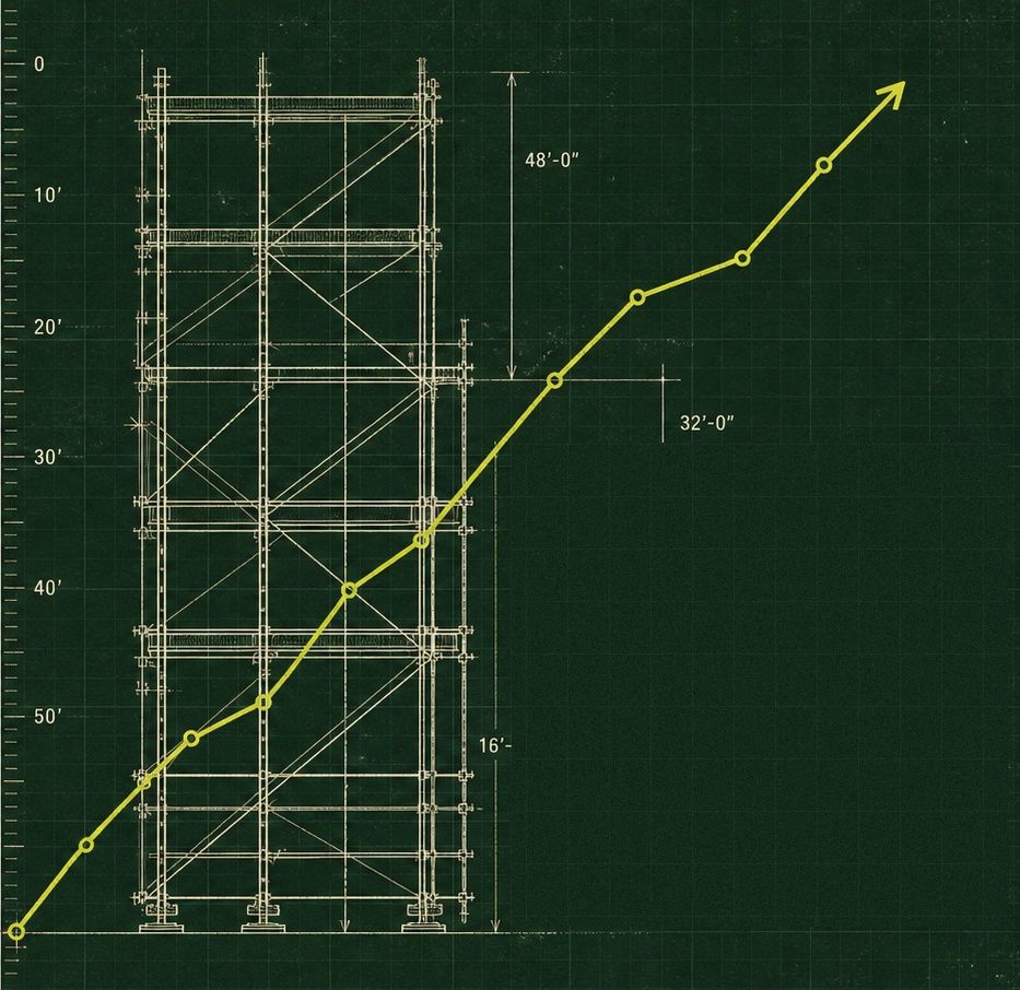Blueprint-style scaffold drawing with a rising verification graph on a dark green field