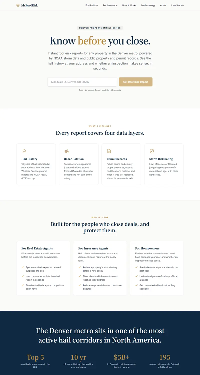 The MyRoofRisk home page: an address box under the headline "Know before you close", with the four data layers every report covers.