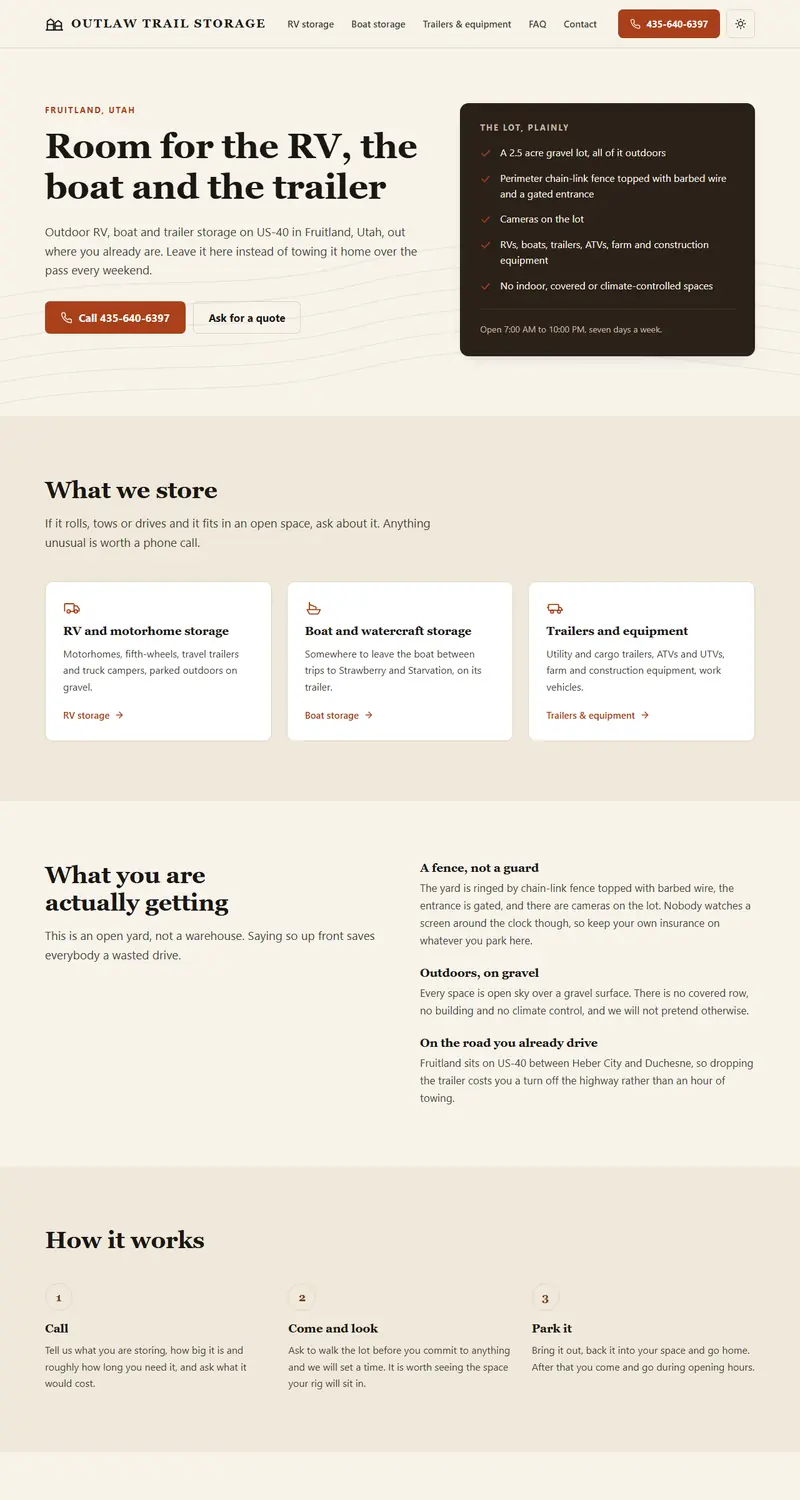 The Outlaw Trail Storage home page: "Room for the RV, the boat and the trailer", a summary of the gravel lot, and three storage types.