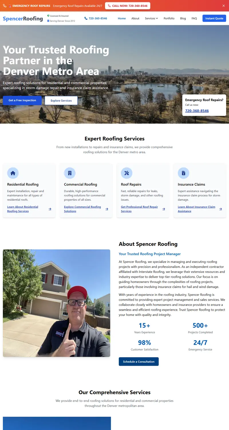 The Denver Roofer home page: a roofing company site with a Denver skyline hero, service cards, and an about section.