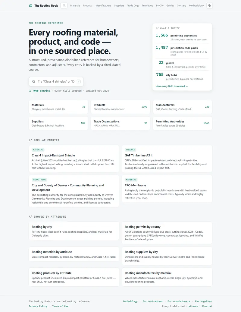 The Roofing Book home page: a search box, counts of sourced entries, and links into materials, products, manufacturers, suppliers and permitting authorities.